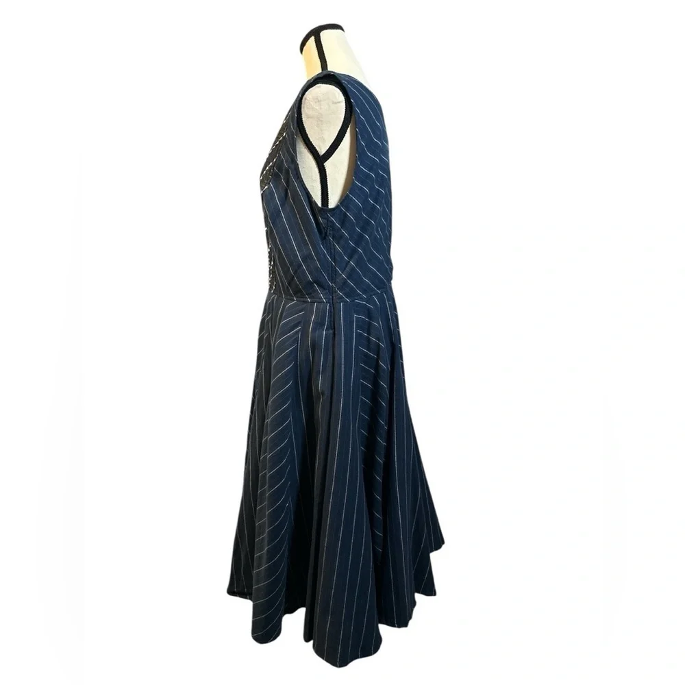 eShakti Navy Blue Striped Midi Dress with Beautiful Embroidery